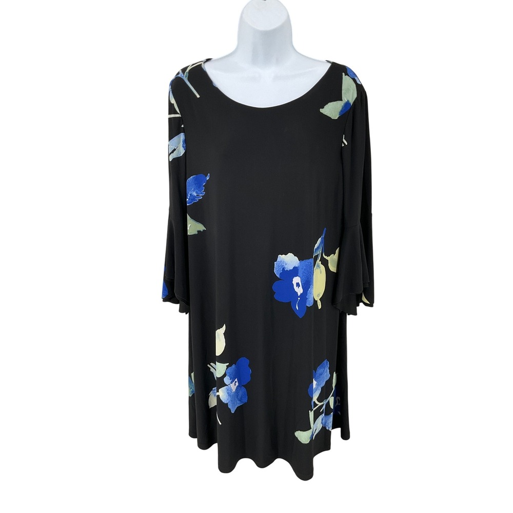 Lauren Ralph Lauren Shift Dress Womens 14 Black Floral Bell Sleeve Botanical